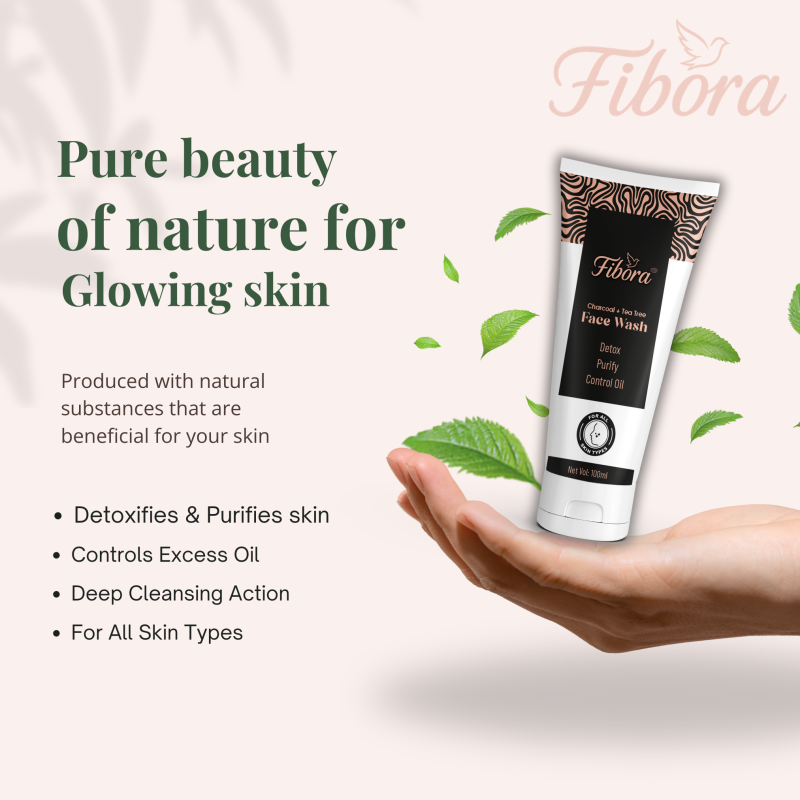 Fibora Charcoal and Tea Tree Face Wash, Deep Cleansing, Oil Control, Detox & Acne (100ml) - For All Skin Types